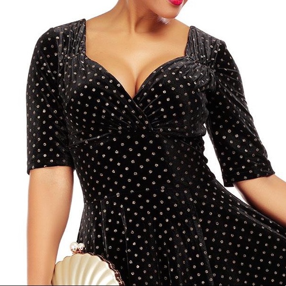 COLLECTIVE Velvet Glitter Polka Dot Print Swing Dress, Retro Pinup - Picture 3 of 5
